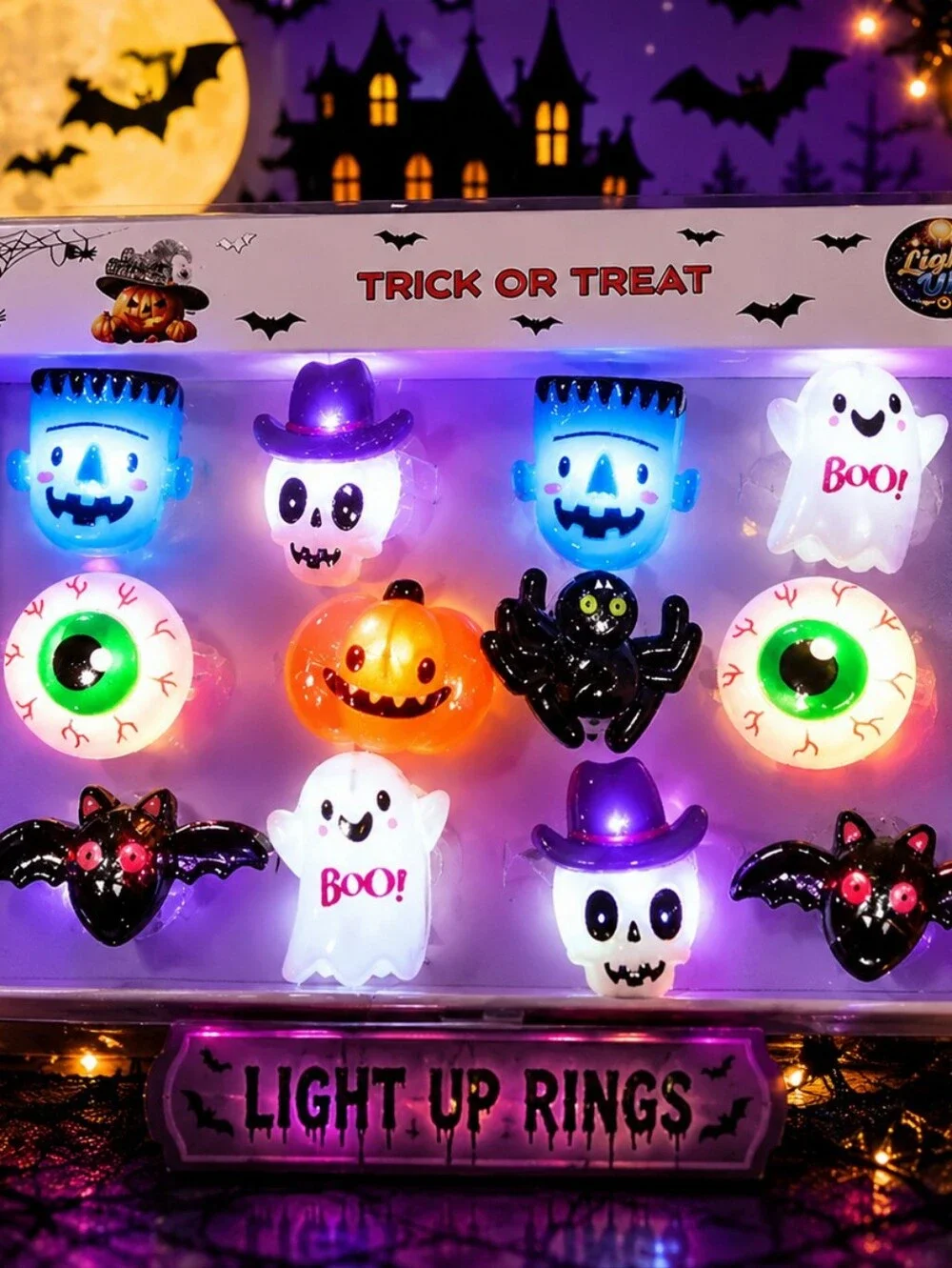 BULK Halloween Light-Up Rings - Assorted Ghosts, Pumpkins & Monsters